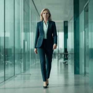 Confident professional woman demonstrating clarity and control through nervous system regulation