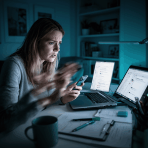 Woman experiencing urgency and stress due to nervous system dysregulation while making decisions online