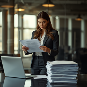 A high-achieving woman at a standing desk in a sleek modern office, eyes locked on a complex strategic document — fully alive in the work — while a stack of unopened administrative tasks sits untouched beside her laptop. Warm directional light. Photorealistic editorial style. No text.