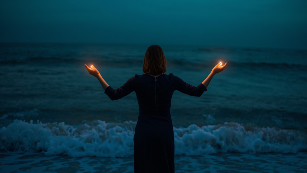 A woman — Solveig — stands at the ocean's edge at blue dusk, her back to the water, both hands extended forward offering light to figures on the shore who receive it without looking up. Her feet are still in the surf. She has not turned around. Mythological realism. Deep teal and amber.