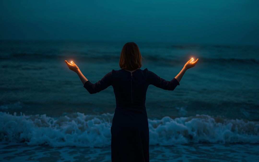 A woman — Solveig — stands at the ocean's edge at blue dusk, her back to the water, both hands extended forward offering light to figures on the shore who receive it without looking up. Her feet are still in the surf. She has not turned around. Mythological realism. Deep teal and amber.