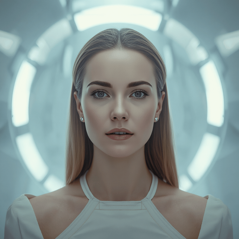 A regal woman in a gleaming modern clinic — beautiful, sealed, complete. Her gaze is direct and absolute. Everything around her is in its exact correct place. The room has not changed in a long time and has no intention of changing. The threat is the gaze itself.