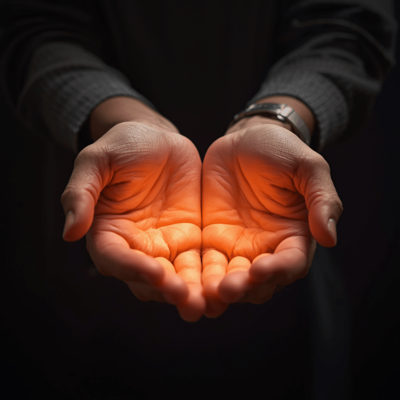 Close-up of hands — capable, clinical, experienced hands — extended open, offering something luminous. The gesture of someone for whom giving has become the only available posture. Warm soft light.