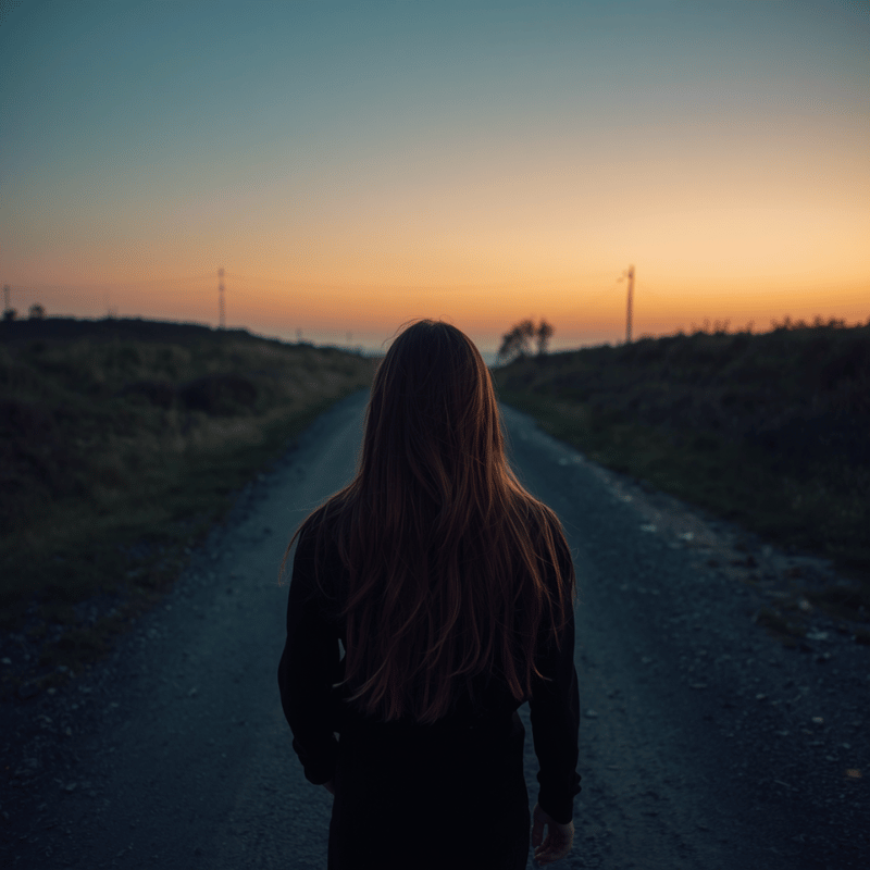 An ageless woman at the convergence of two paths at dusk — not choosing between them, simply present. The quality of absolute, unhurried attention. She has been here ten thousand times. She is not surprised. Cinematic.