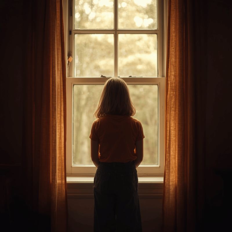 A girl at a window, back to the room, looking out. Not waiting for anything specific. The posture of someone who has learned to exist in the margins of other people's urgent stories. Warm interior light.