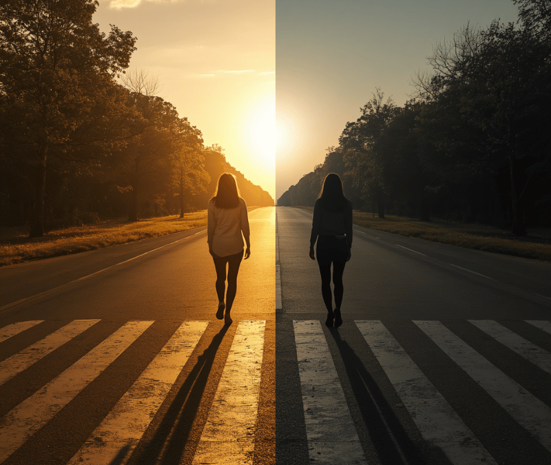 Two women at a crossroads — one walking forward into warm golden light, one turned away in shadow — representing two different nervous system responses to the same moment of change