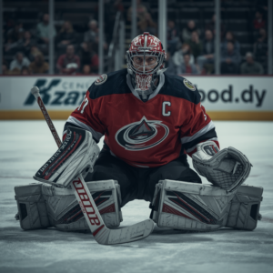 An NHL goalie in full equipment, mask off, sitting on the ice after a game — expression one of absolute focused calm, slightly distant, the look that exists between two neurological states. Cinematic lighting. No text. Photorealistic.