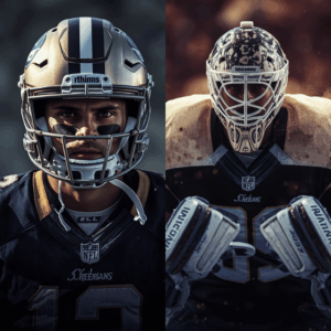 Split composition: left side shows a football quarterback in the pocket, eyes scanning downfield with total calm; right side shows an NHL goalie in set position, mask on, totally still in front of chaotic play. Warm cinematic light. No text.