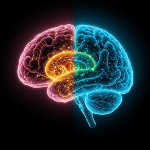 Abstract brain visualization with two distinct regions highlighted — a warm amber dopamine reward circuit and a cool blue-green GABA inhibitory network — showing the dynamic tension between activation and regulation in elite sport brains
