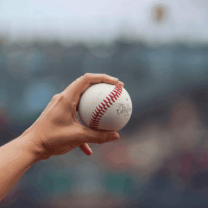 Close-up of a pitcher's hand releasing a baseball, fingers across the seams, in perfect focus against a blurred stadium background — representing the quiet eye, the moment of GABA-mediated precision execution
