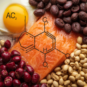 Close-up of amino acid molecular structures overlaid on a warm editorial image of whole foods — eggs, wild salmon, legumes — representing dopamine precursor nutrition essential for Classic ADHD brain function at high-performance levels
