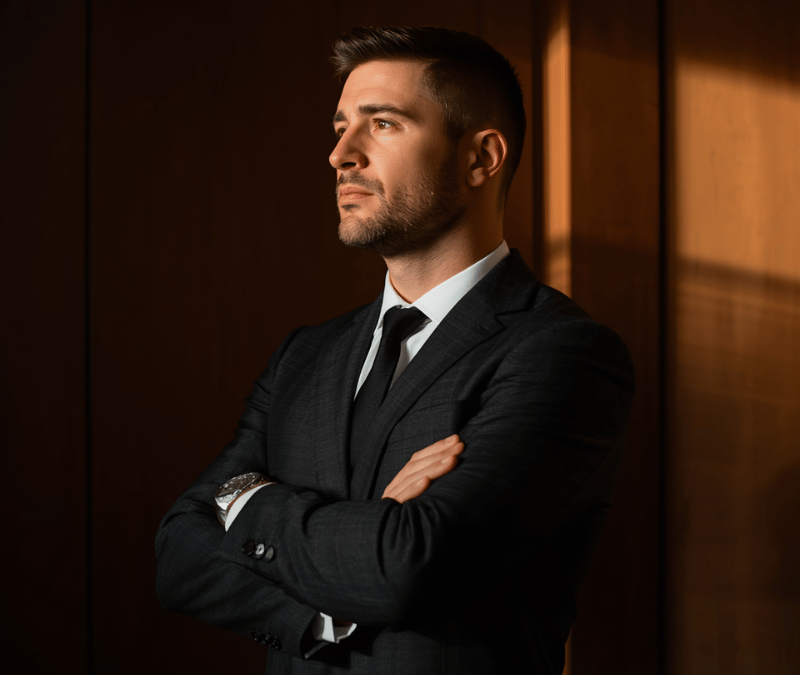 A confident man in a boardroom, sharp suit, looking away from his team — subtle tension in the room, warm light on his face, shadow behind — representing the gap between self-perception and reality in a dysregulated nervous system