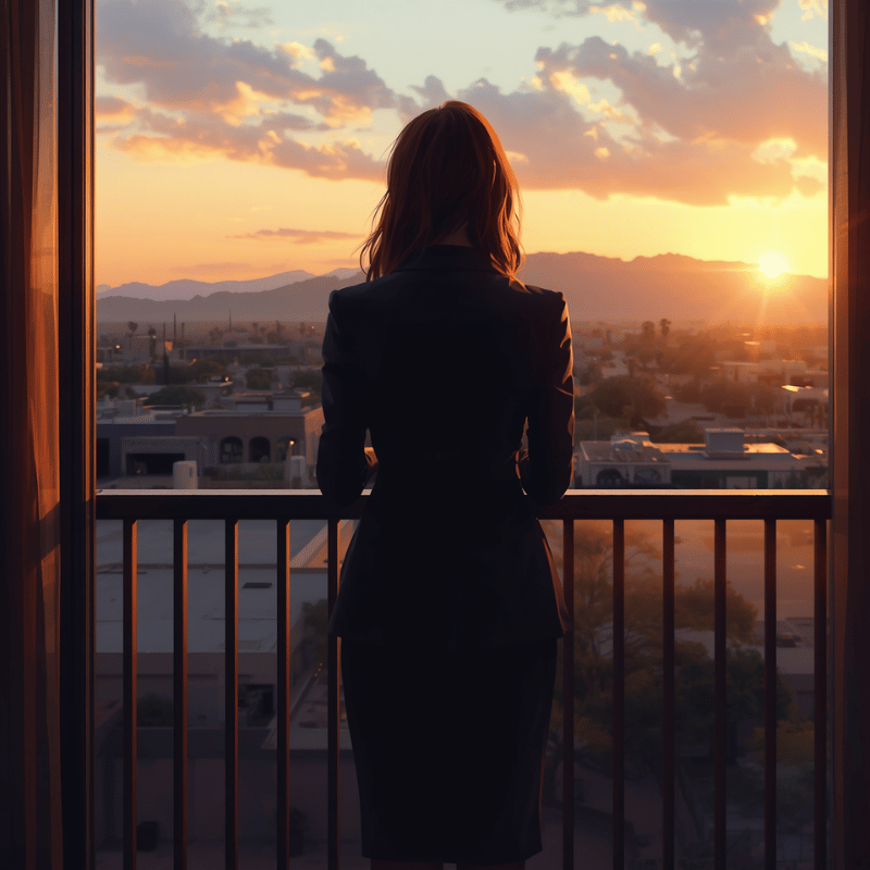 Executive experiencing burnout while looking over Scottsdale, Arizona at sunrise